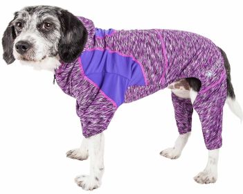 Pet Life Active 'Downward Dog' Heathered Performance 4-Way Stretch Two-Toned Full Body Warm Up Hoodie (Color: purple, size: X-Large)
